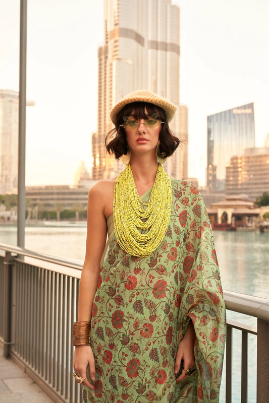 Avocado Green Tissue Saree with Print & Zari Weaving Work