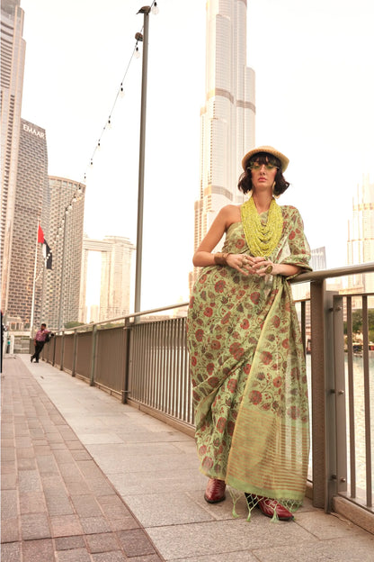 Avocado Green Tissue Saree with Print & Zari Weaving Work