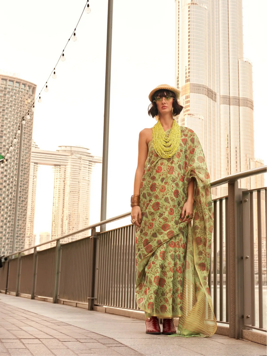 Avocado Green Tissue Saree with Print & Zari Weaving Work
