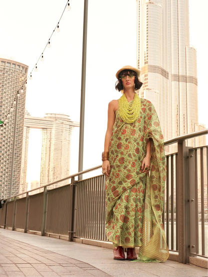 Avocado Green Tissue Saree with Print & Zari Weaving Work