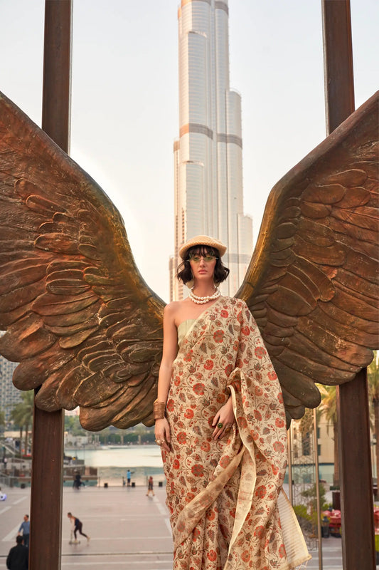 Beige Tissue Saree with Print & Zari Weaving Work