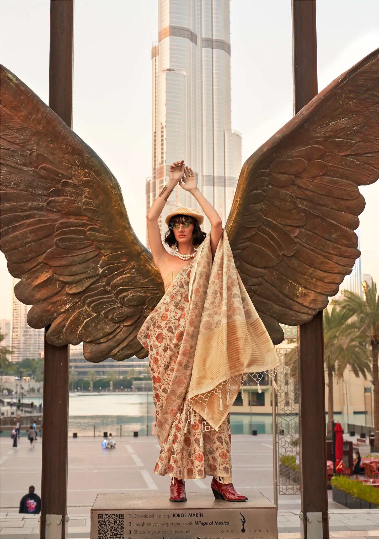 Beige Tissue Saree with Print & Zari Weaving Work