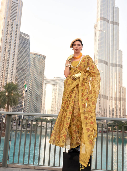 Bee Yellow Tissue Saree with Print & Zari Weaving Work