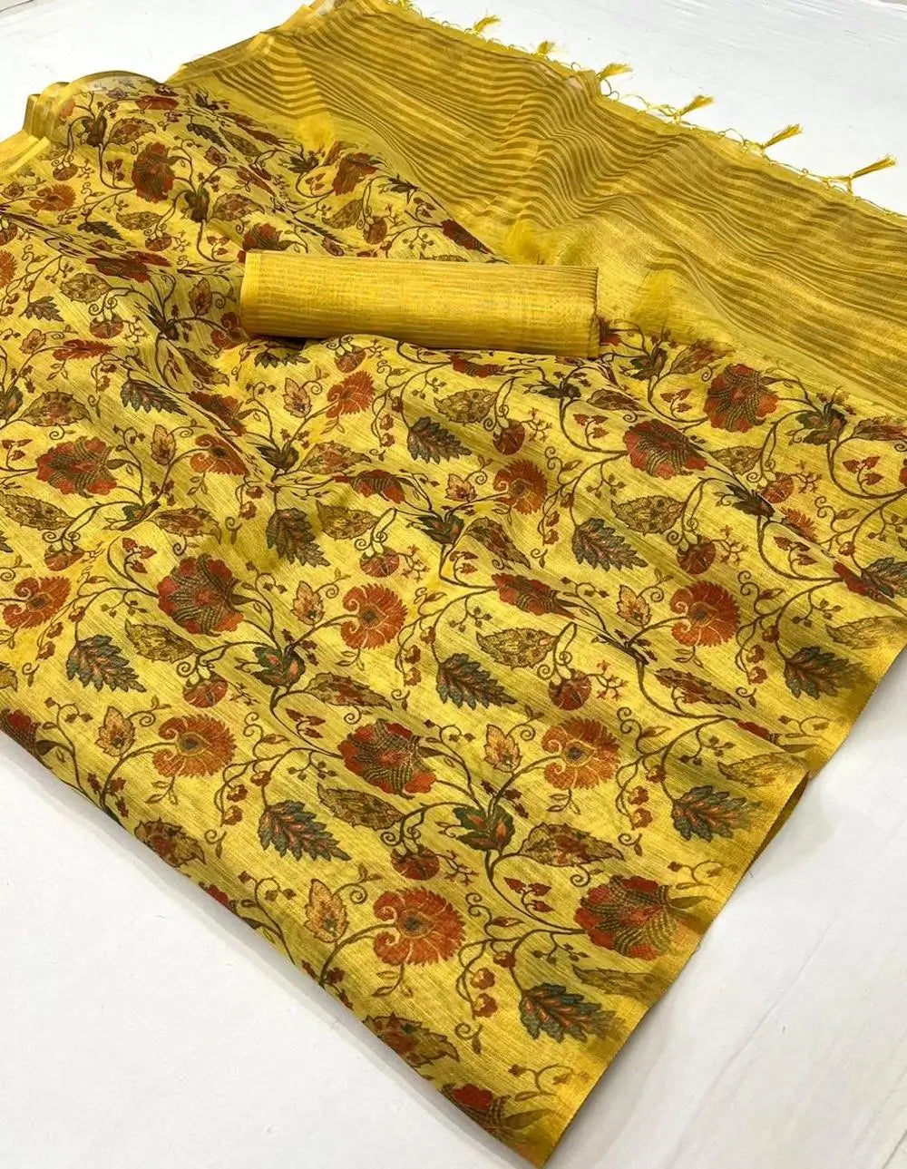 Bee Yellow Tissue Saree with Print & Zari Weaving Work