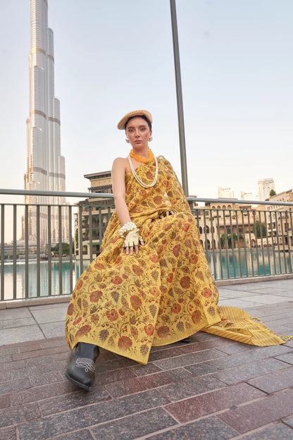 Bee Yellow Tissue Saree with Print & Zari Weaving Work