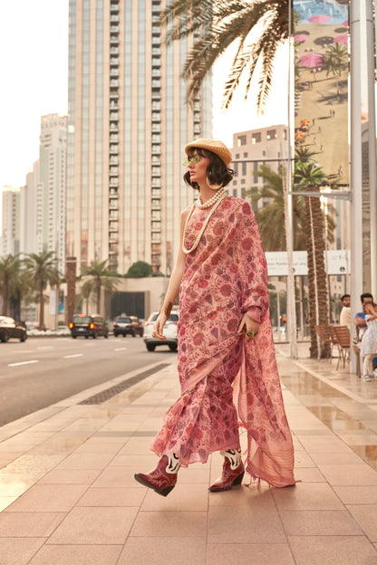 Salmon Pink Tissue Saree with Print & Zari Weaving Work