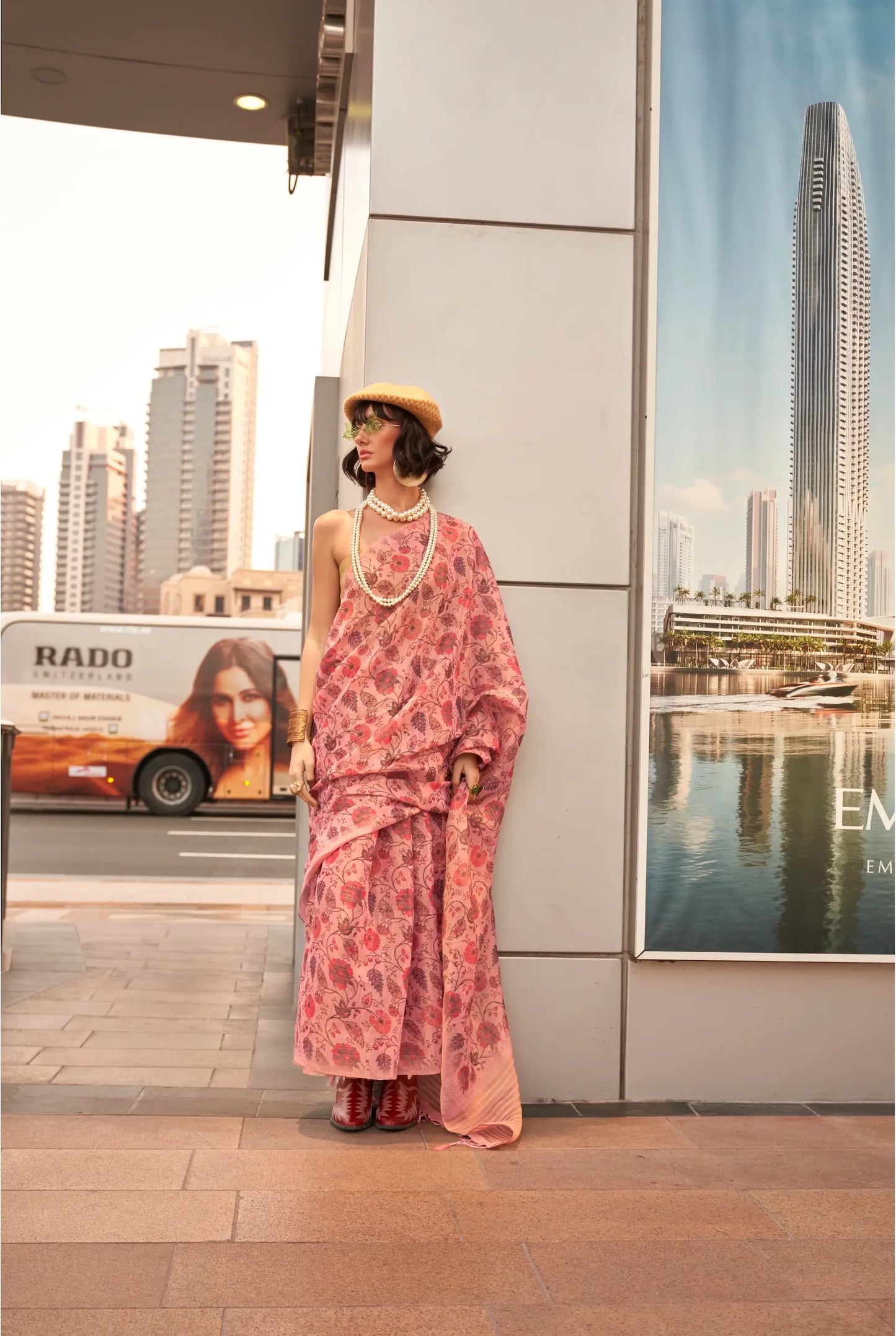 Salmon Pink Tissue Saree with Print & Zari Weaving Work