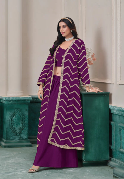 Purple Chinon Indo-Western Set With Embroidery Work