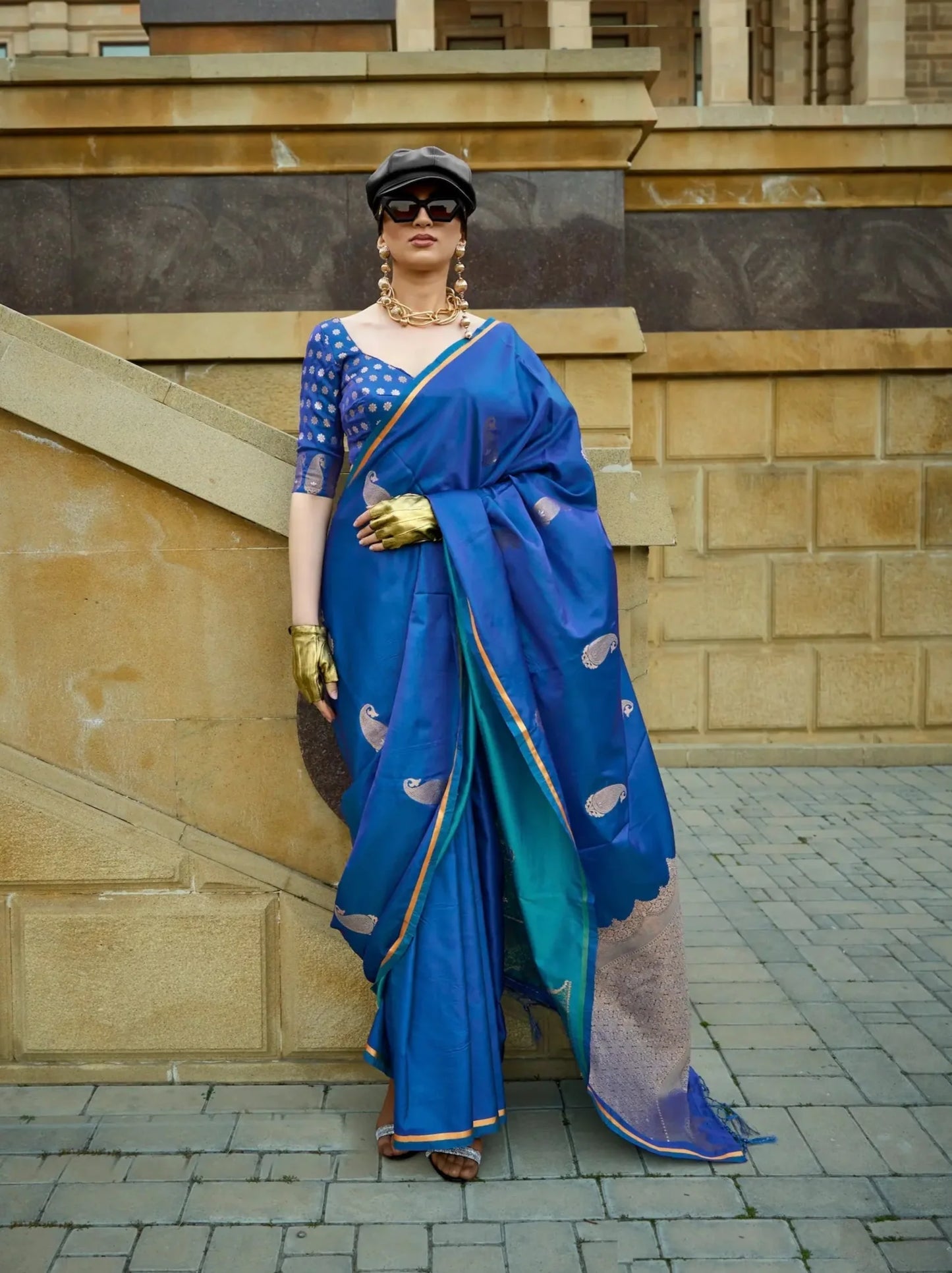 Peacock Blue Satin Handloom Silk Saree With Zari Weaving Work