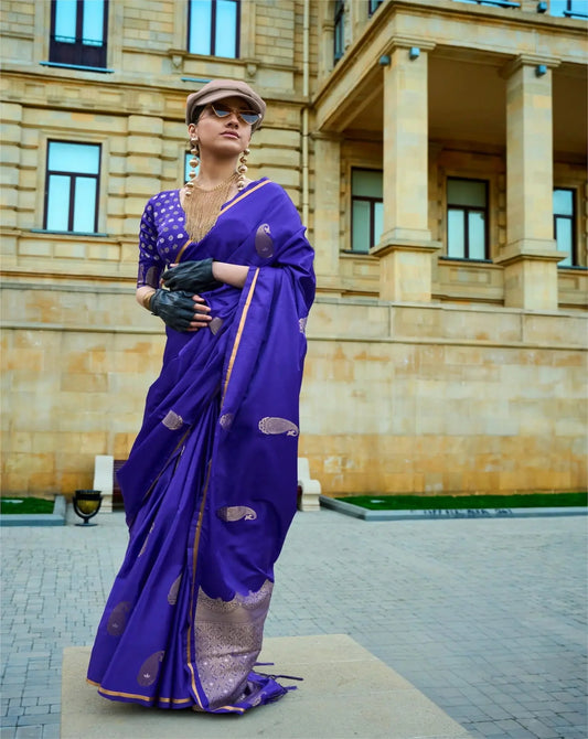 Persian Blue Satin Handloom Silk Saree With Zari Weaving Work