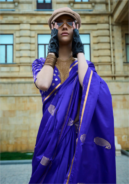 Persian Blue Satin Handloom Silk Saree With Zari Weaving Work