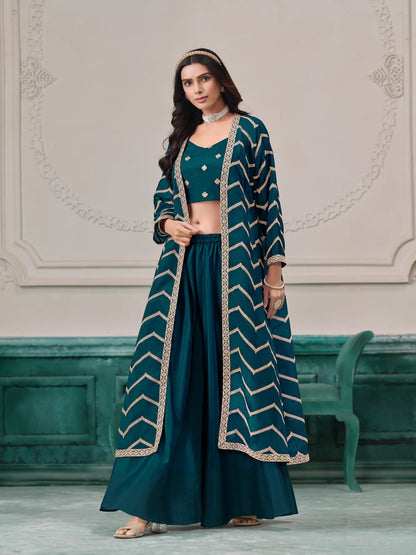 Teal Blue Chinon Indo-Western Set With Embroidery Workv