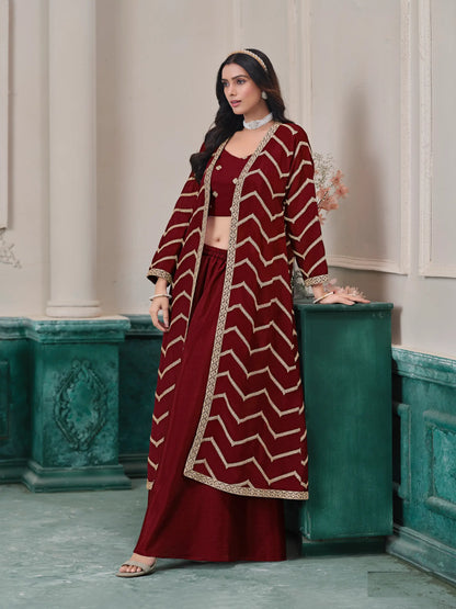 Maroon Chinon Indo-Western Set With Embroidery Work
