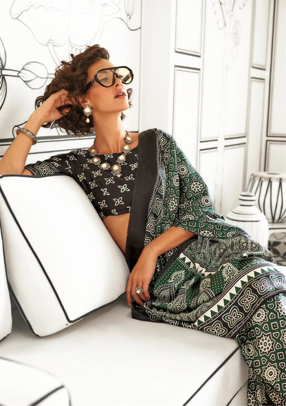 Green Ajrakh Printed Satin Crepe Silk Saree