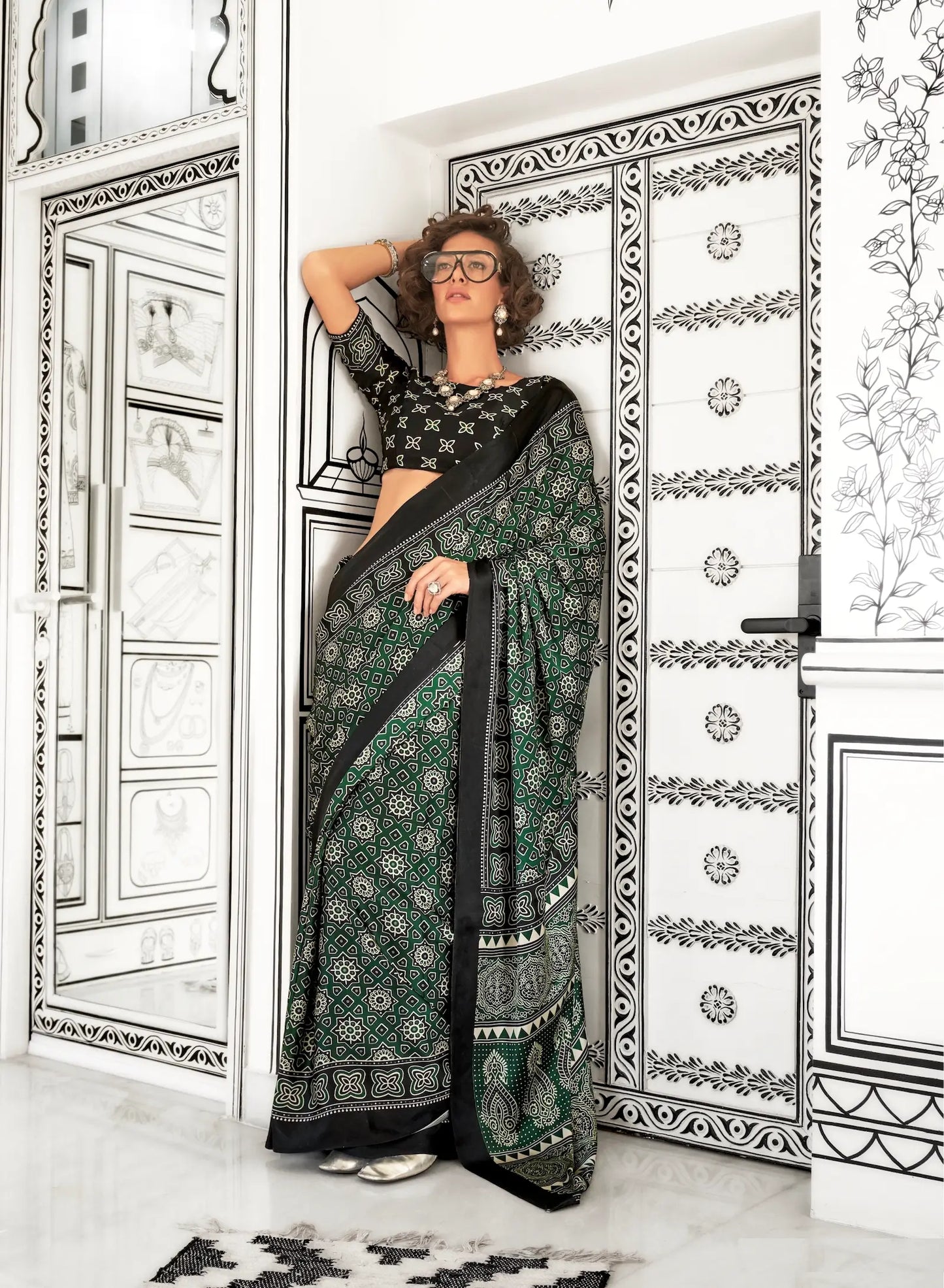 Green Ajrakh Printed Satin Crepe Silk Saree