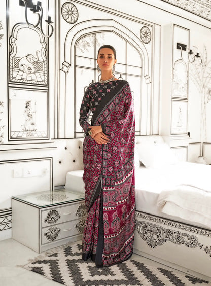 Maroon Ajrakh Printed Satin Crepe Silk Saree