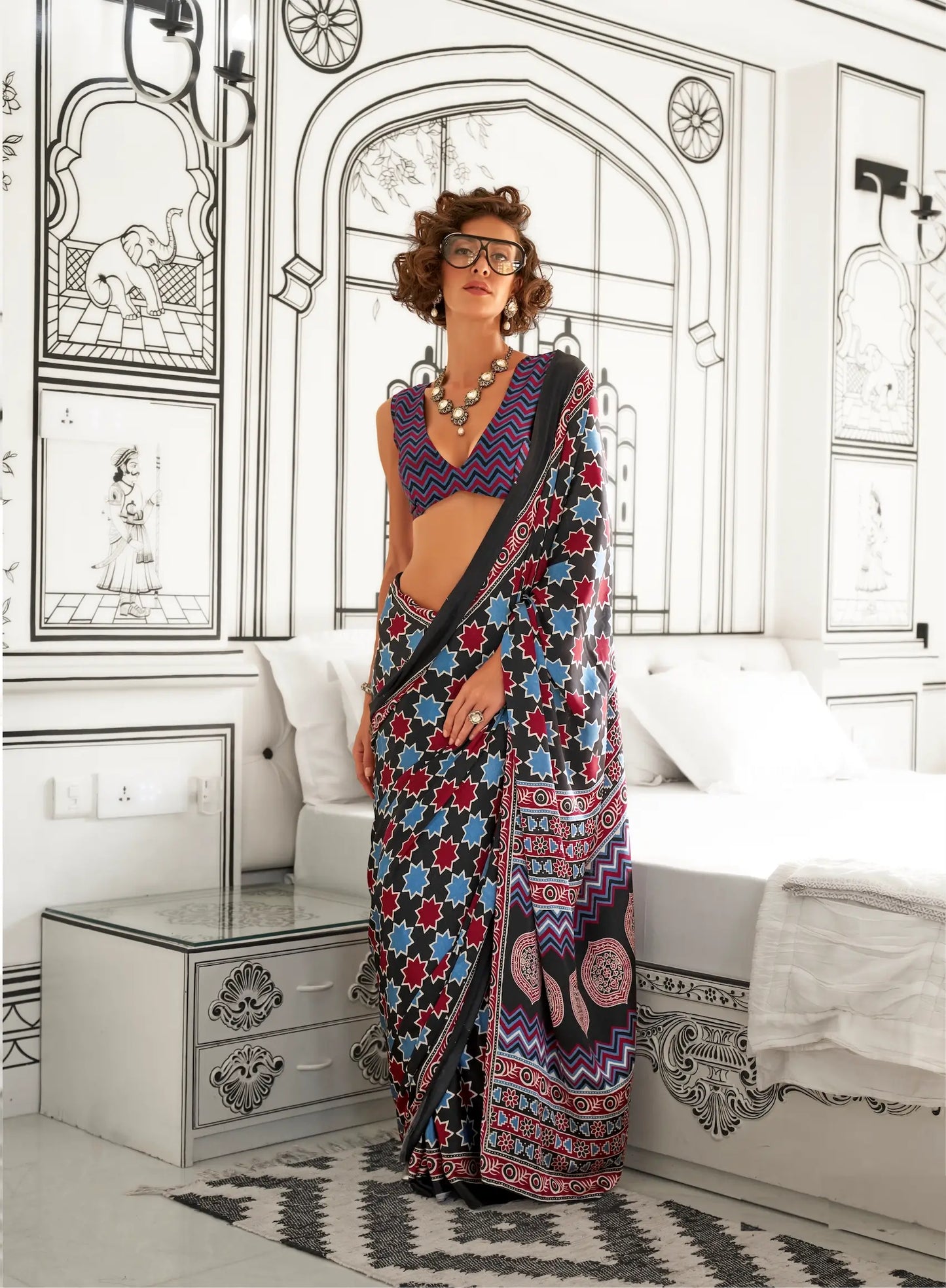 Black Multicolor Ajrakh Printed Satin Crepe Silk Saree