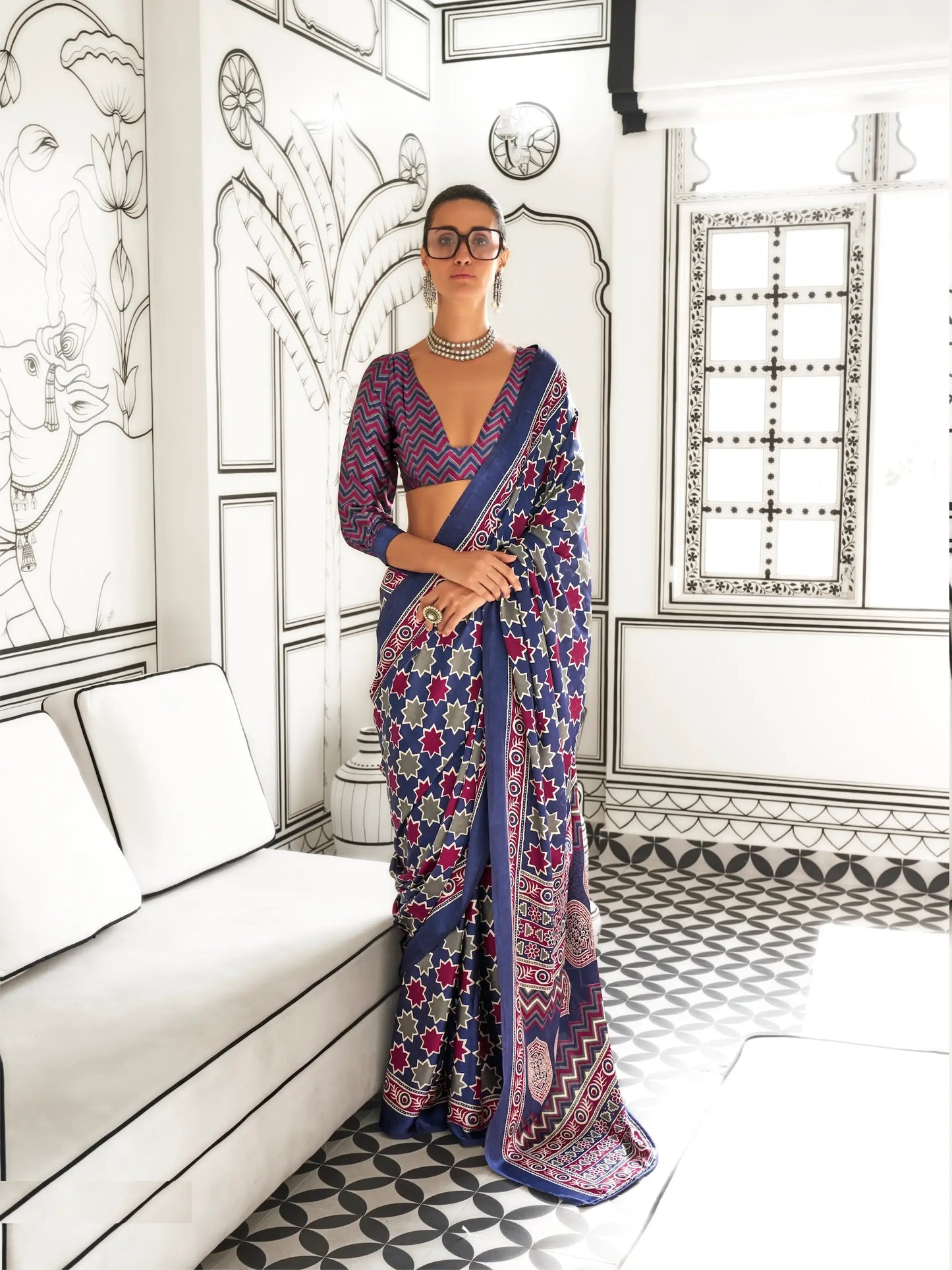 Blue Multicolor Ajrakh Printed Satin Crepe Silk Saree