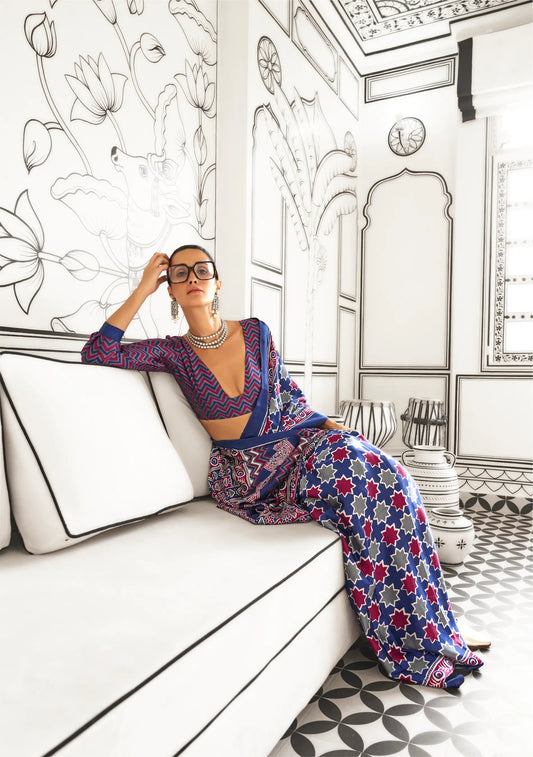 Blue Multicolor Ajrakh Printed Satin Crepe Silk Saree