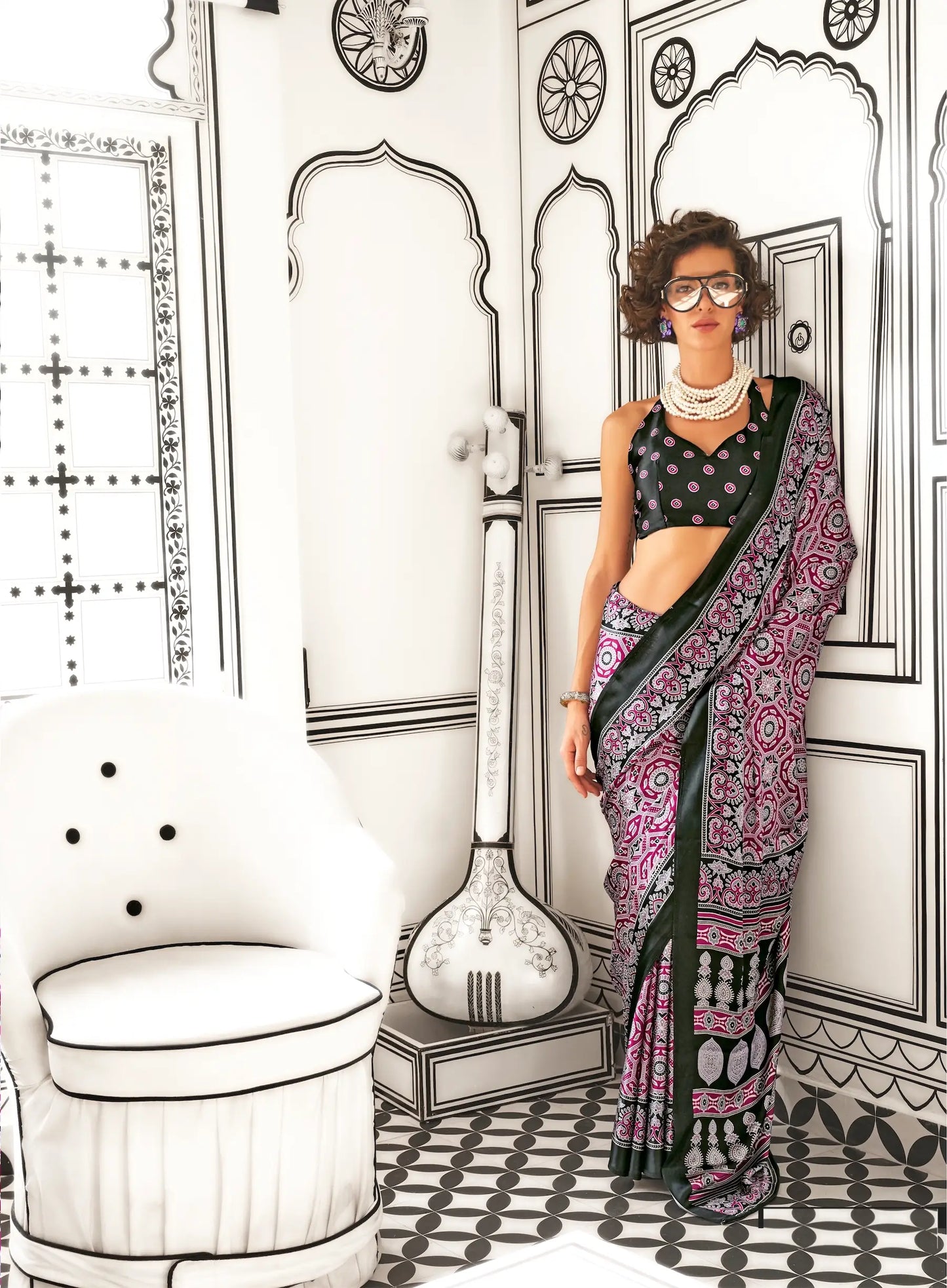 Black-Dark Pink Ajrakh Printed Satin Crepe Silk Saree