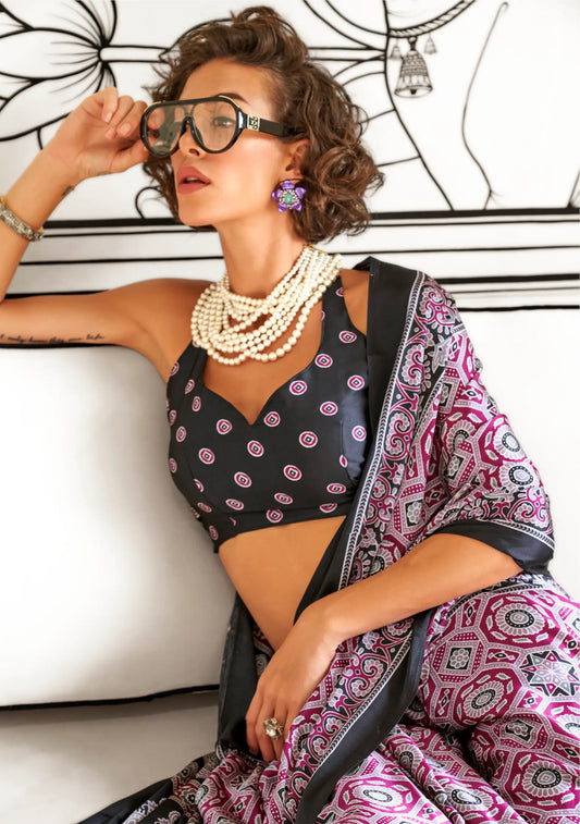 Black-Dark Pink Ajrakh Printed Satin Crepe Silk Saree