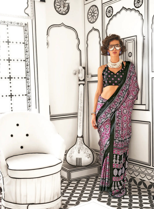 Black-Dark Pink Ajrakh Printed Satin Crepe Silk Saree