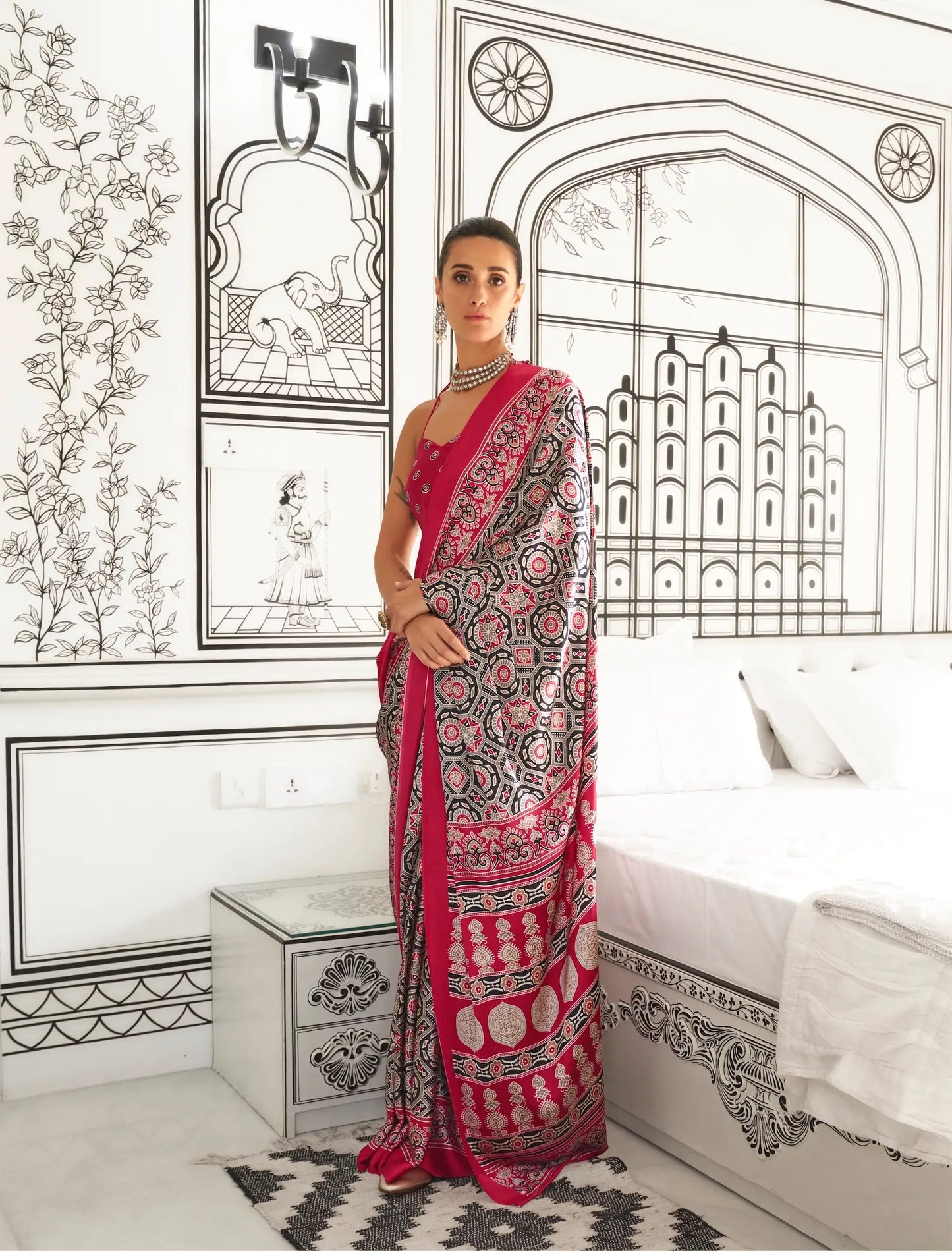 Red-Black Ajrakh Printed Satin Crepe Silk Saree