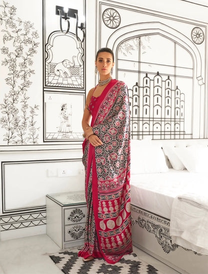 Red-Black Ajrakh Printed Satin Crepe Silk Saree