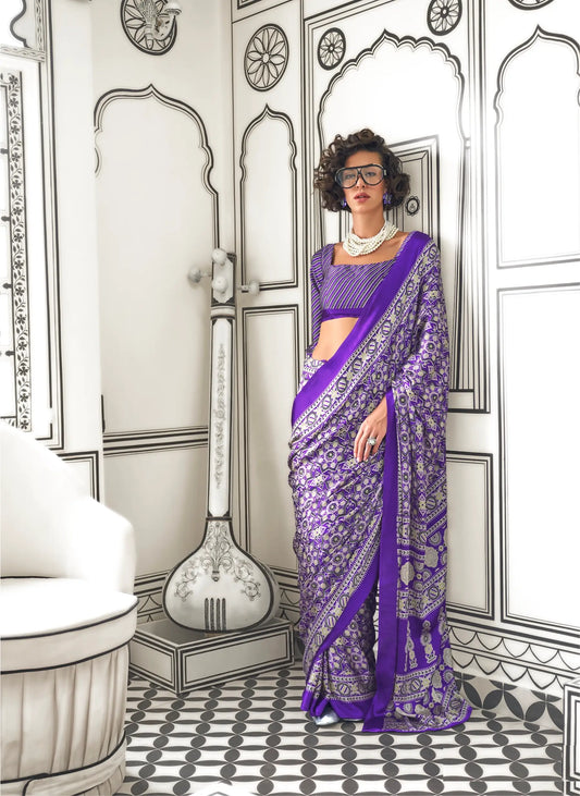 Purple Ajrakh Printed Satin Crepe Silk Saree