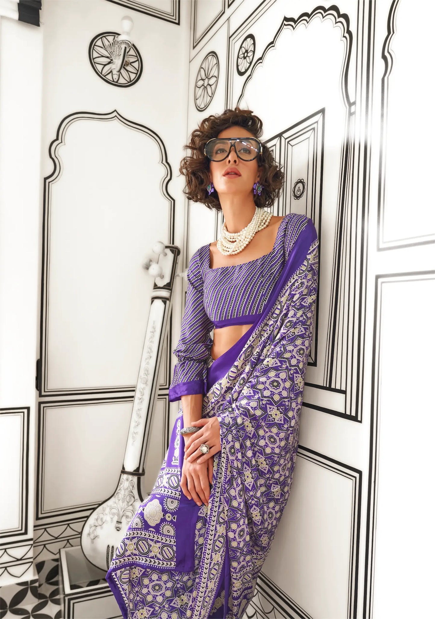 Purple Ajrakh Printed Satin Crepe Silk Saree
