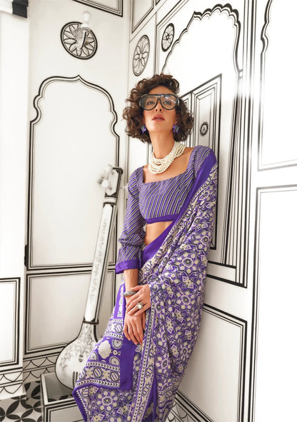 Purple Ajrakh Printed Satin Crepe Silk Saree
