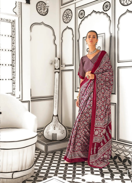 Dark Red Ajrakh Printed Satin Crepe Silk Saree