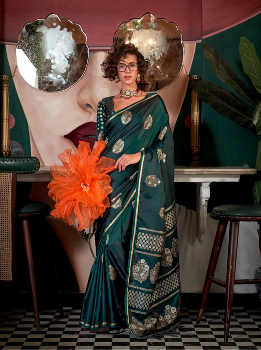 Deep Green Satin Handloom Silk Zari Weaving Work Saree