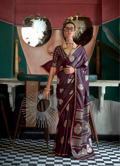Wine Red Satin Handloom Silk Zari Weaving Work Saree