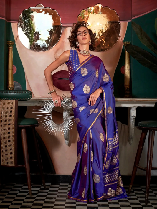 Bluish Purple Satin Handloom Silk Zari Weaving Work Saree