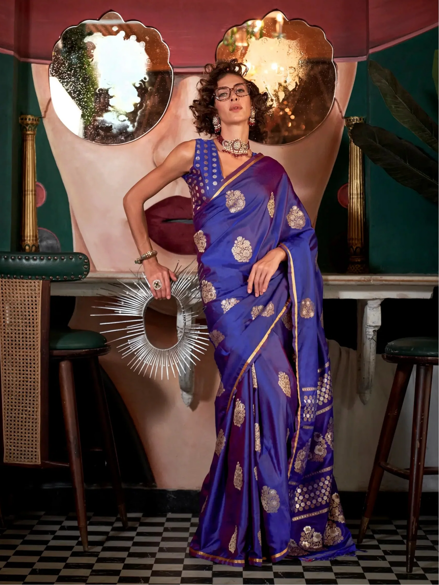 Bluish Purple Satin Handloom Silk Zari Weaving Work Saree