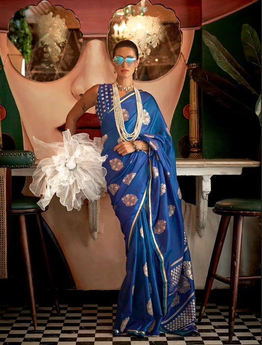 Teal Blue Satin Handloom Silk Zari Weaving Work Saree