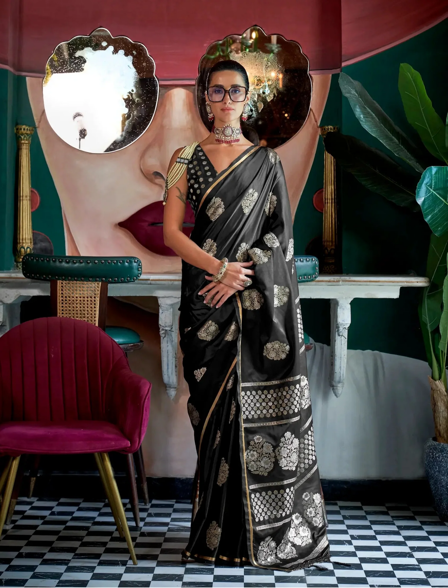 Black Satin Handloom Silk Zari Weaving Work Saree