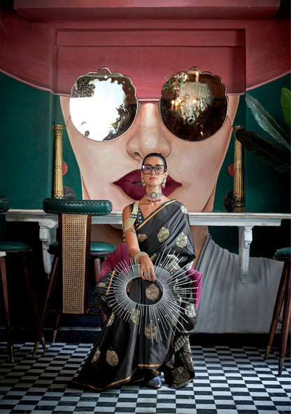 Black Satin Handloom Silk Zari Weaving Work Saree