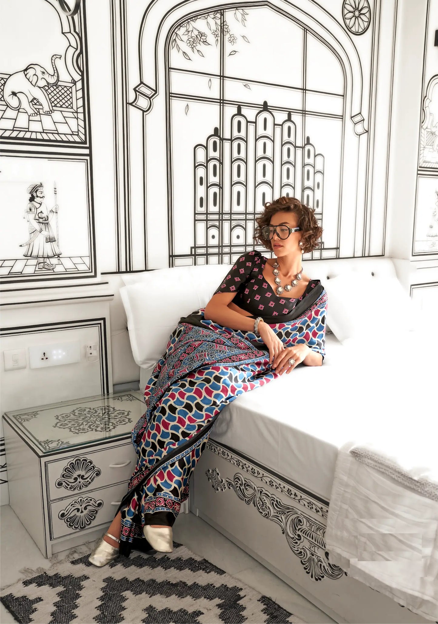 Black-Teal Ajrakh Printed Satin Crepe Silk Saree