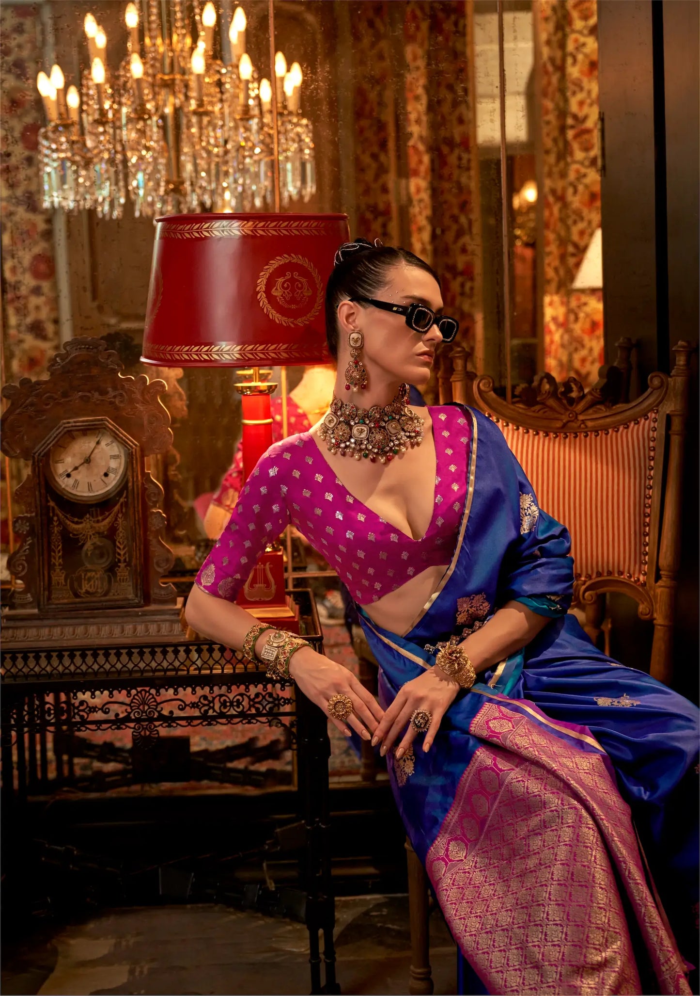 Royal Blue Two Tone Satin Handloom Weaving Silk Saree