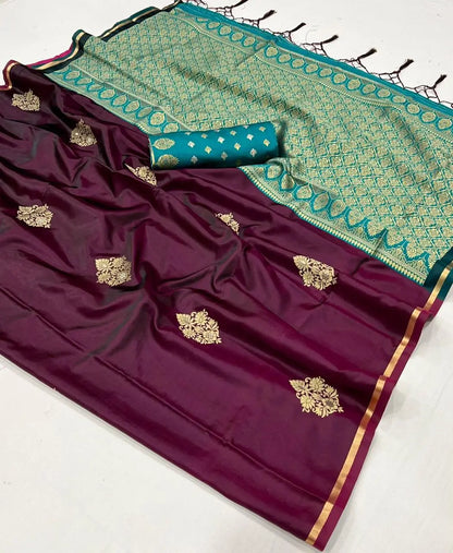 Wine Red Two Tone Satin Handloom Weaving Silk Saree