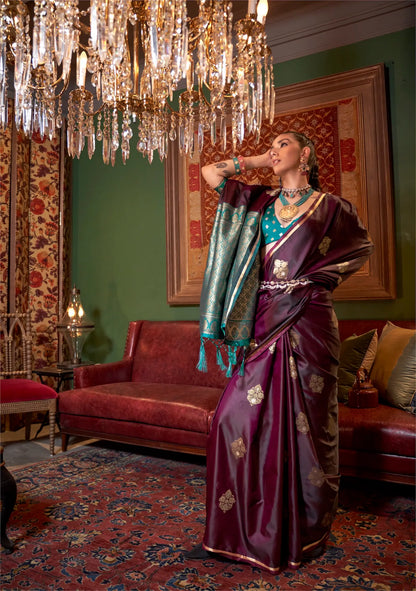 Wine Red Two Tone Satin Handloom Weaving Silk Saree