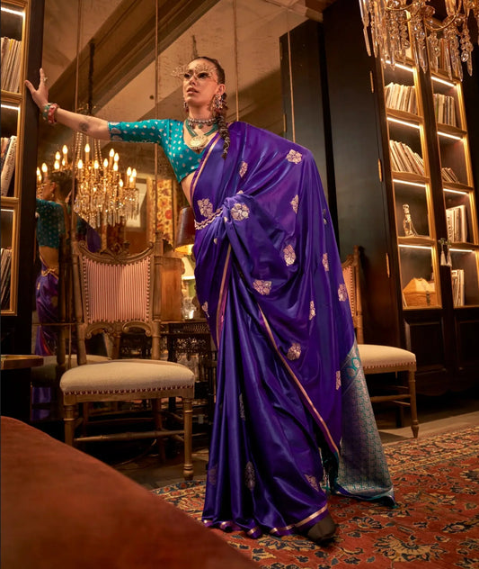 Purple Two Tone Satin Handloom Weaving Silk Saree