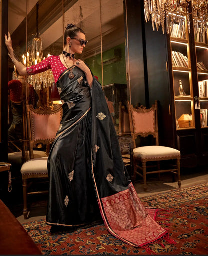 Black Two Tone Satin Handloom Weaving Silk Saree