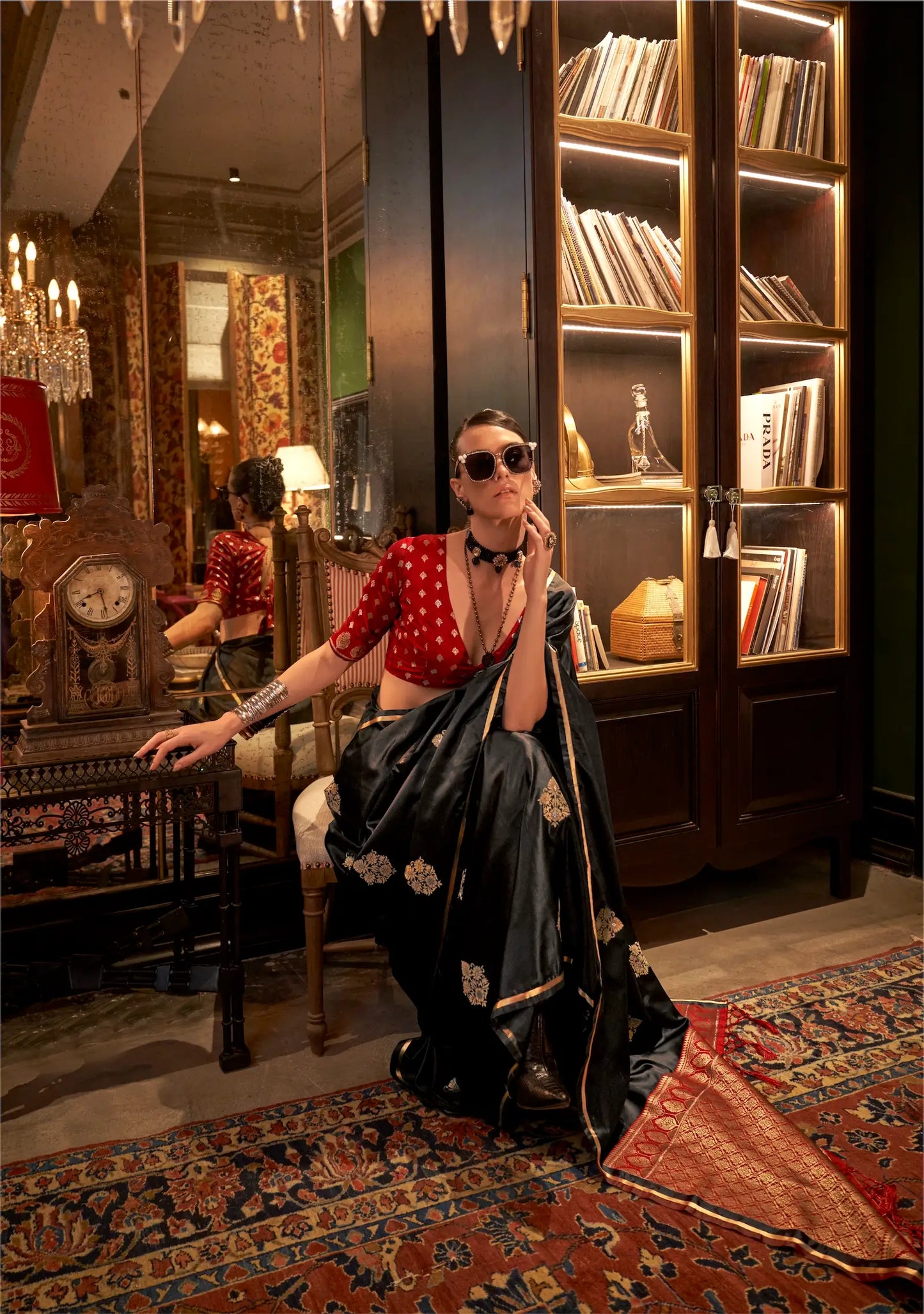 Black Two Tone Satin Handloom Weaving Silk Saree