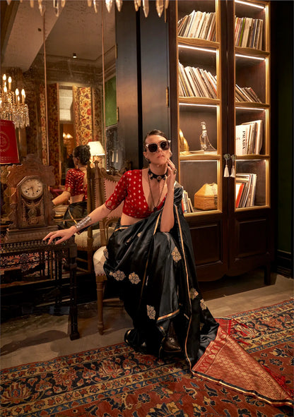 Black Two Tone Satin Handloom Weaving Silk Saree