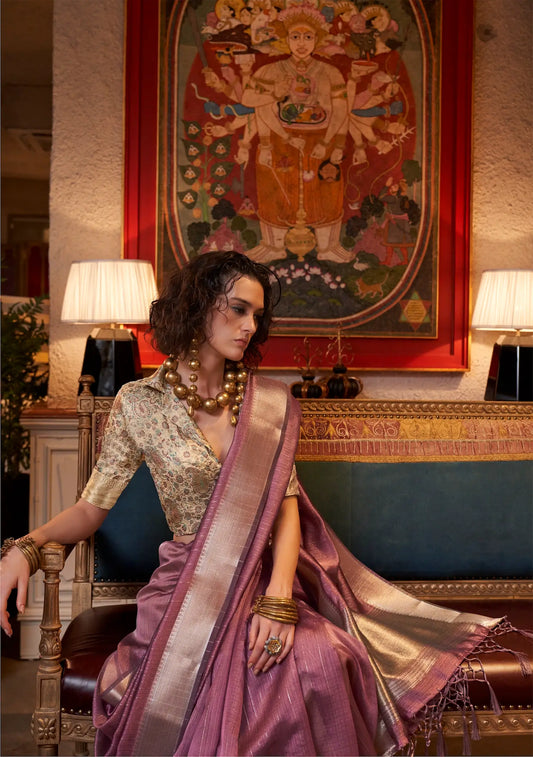 Dark Mauve Chiffon Handloom Weaving Silk Saree