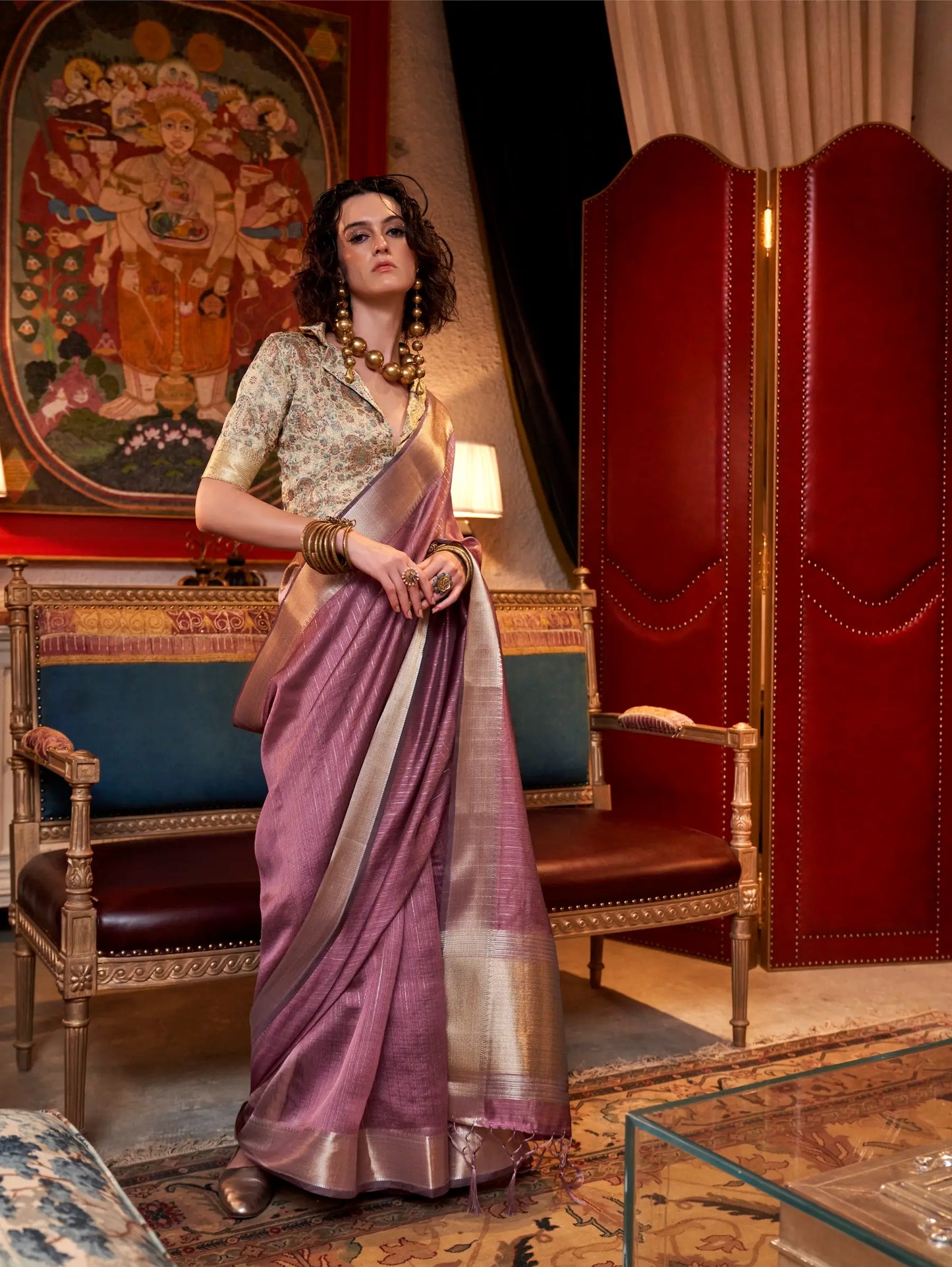 Dark Mauve Chiffon Handloom Weaving Silk Saree
