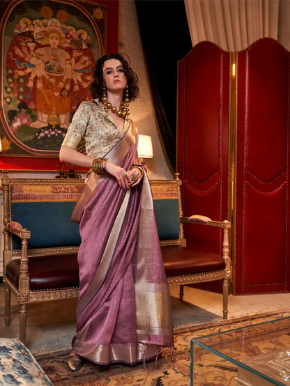 Dark Mauve Chiffon Handloom Weaving Silk Saree